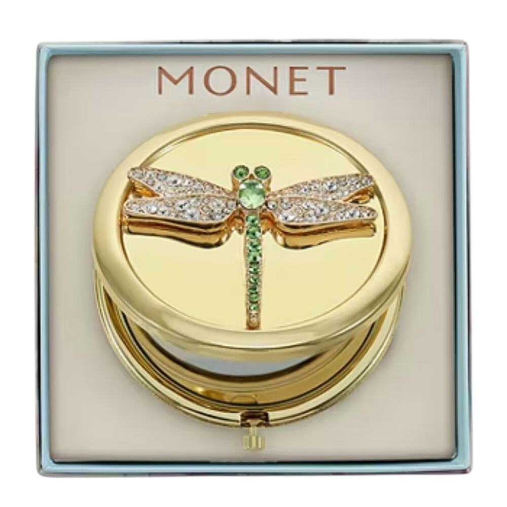 MONET Dragonfly Compact Mirror Gold Tone Green Rhinestone New In Box Insect Bug - Picture 2 of 6